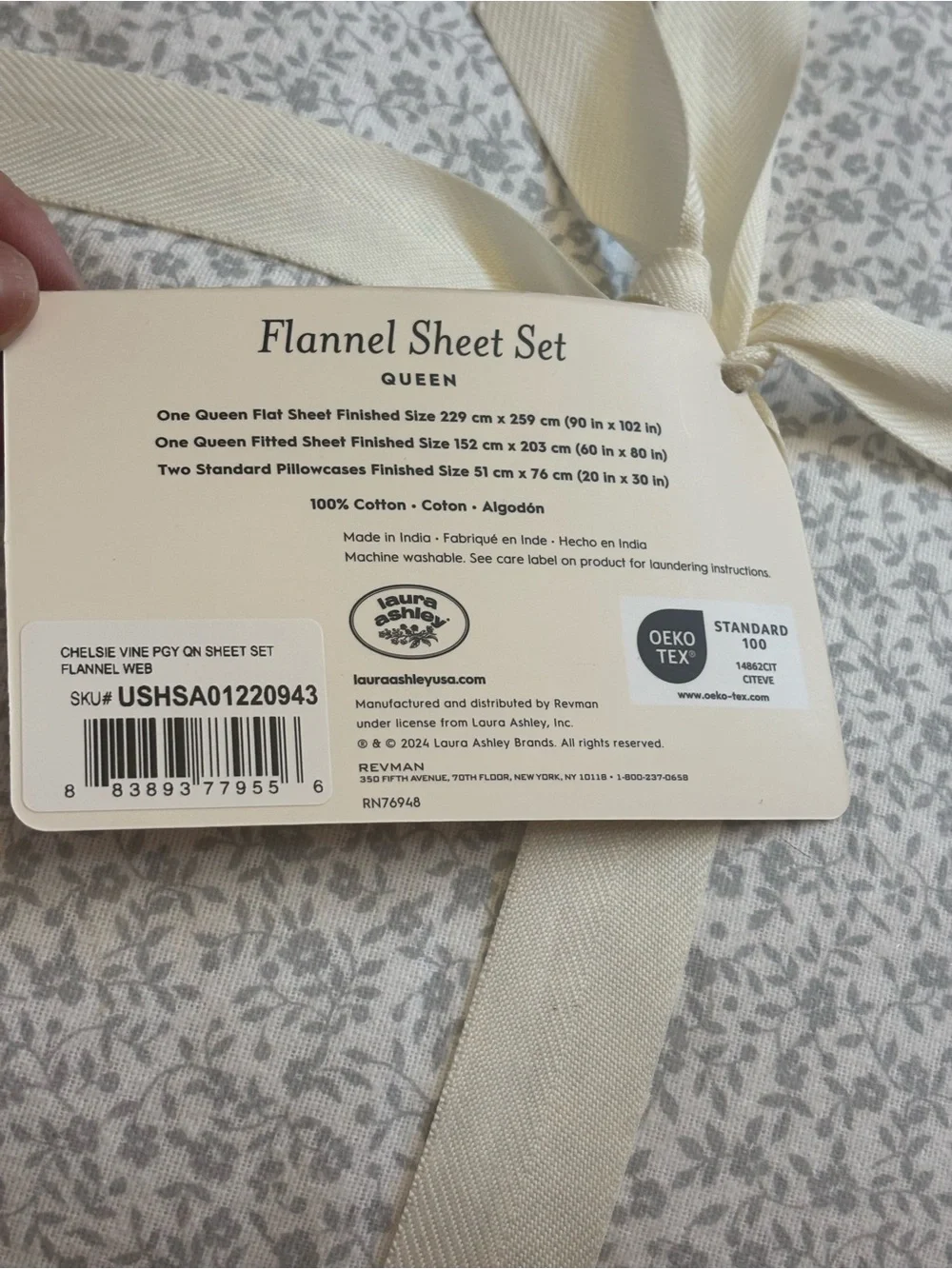 NWT Laura Ashley Chelsea Vine Gray 100% Cotton Flannel Sheet Set Queen